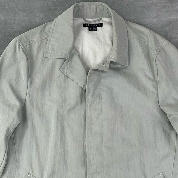 Theory Trench Coat PERKIN Mens Large Grey Long Military Style Nylon Blend Rain - Picture 2 of 15